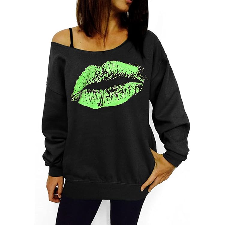 GSVIBK Women Loose Black Sweatshirts Sexy Off Shoulder Long